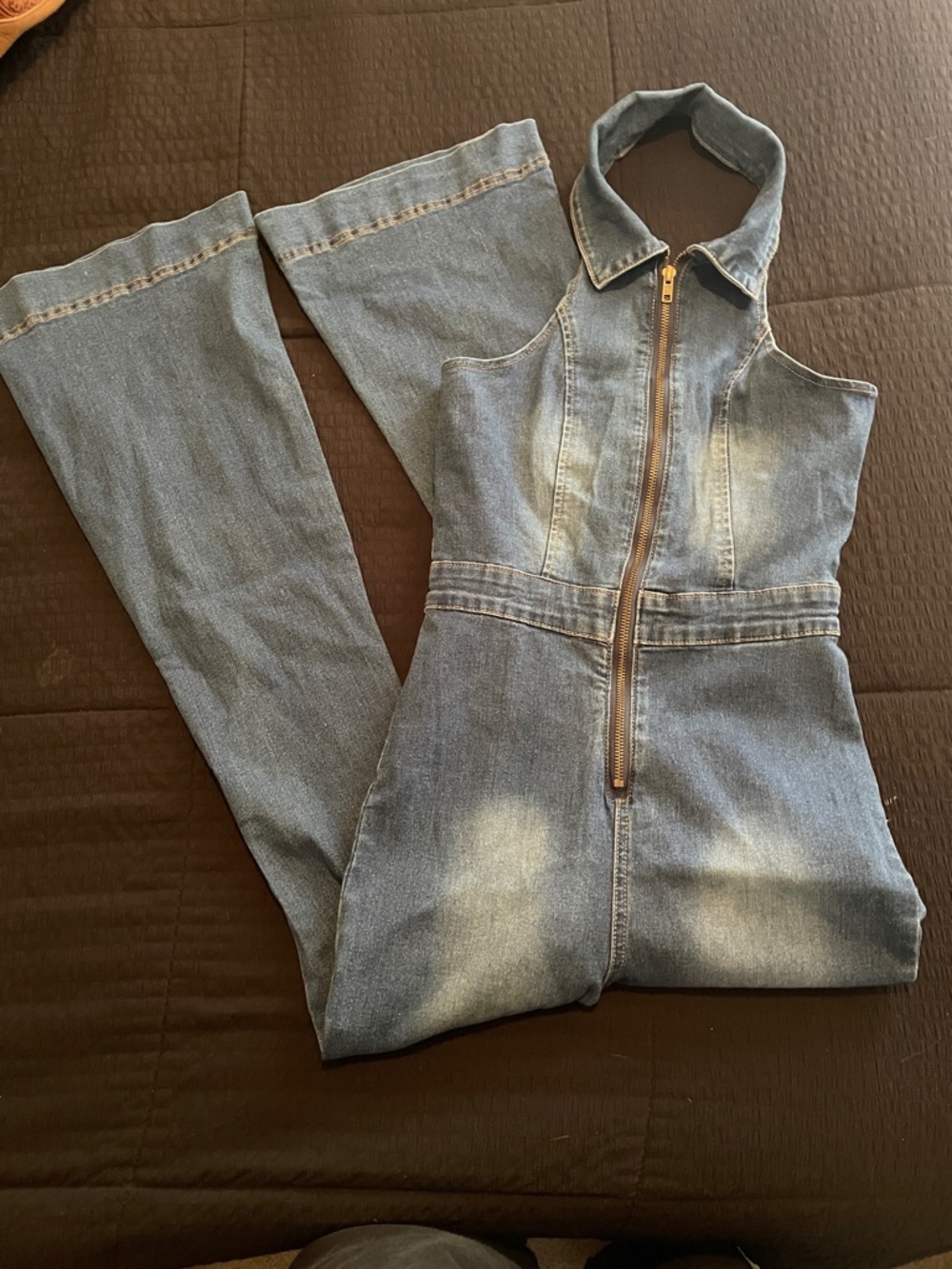SHEIN Blue Denim Halter Zip Front Jumpsuit